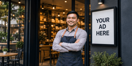 Space owner standing inside a cafe beside an advertising display