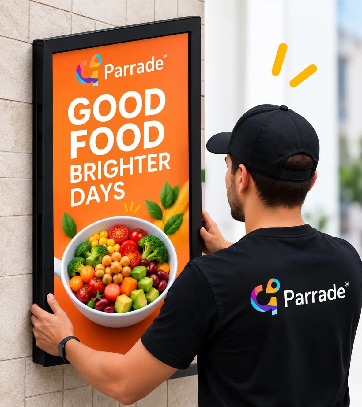 Installer placing a Parrade advertising poster