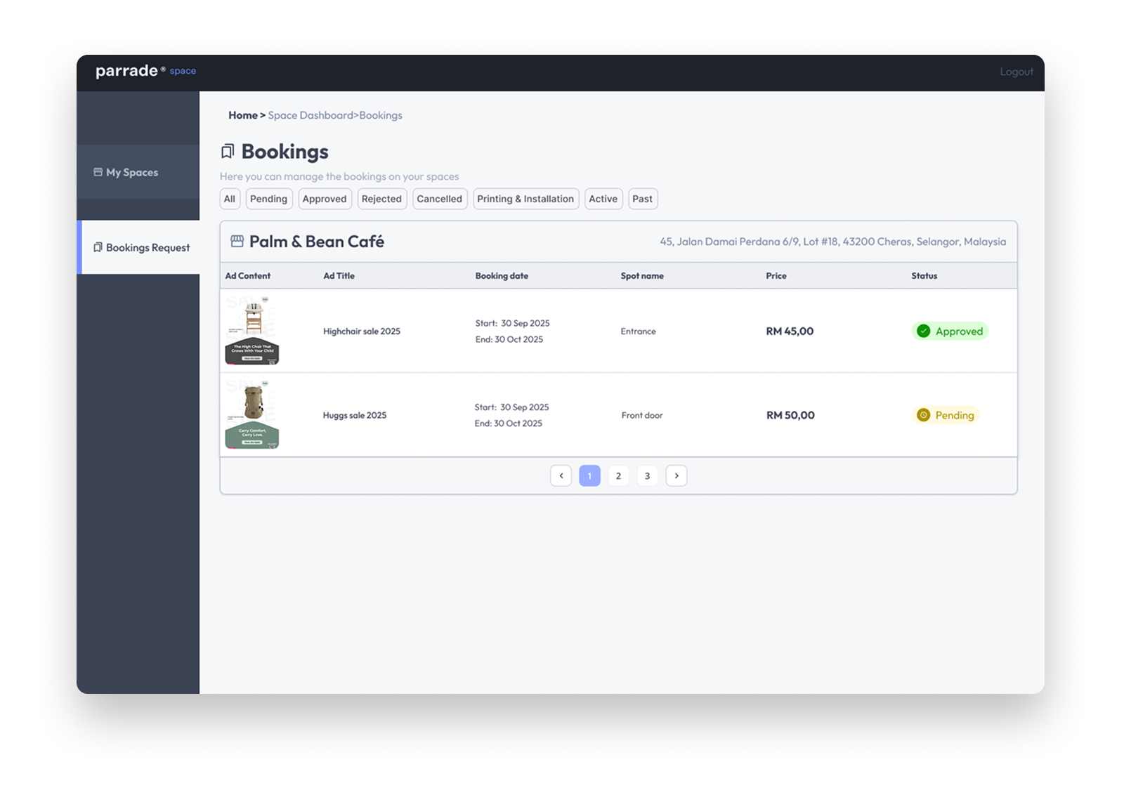 Parrade dashboard for managing spaces and bookings